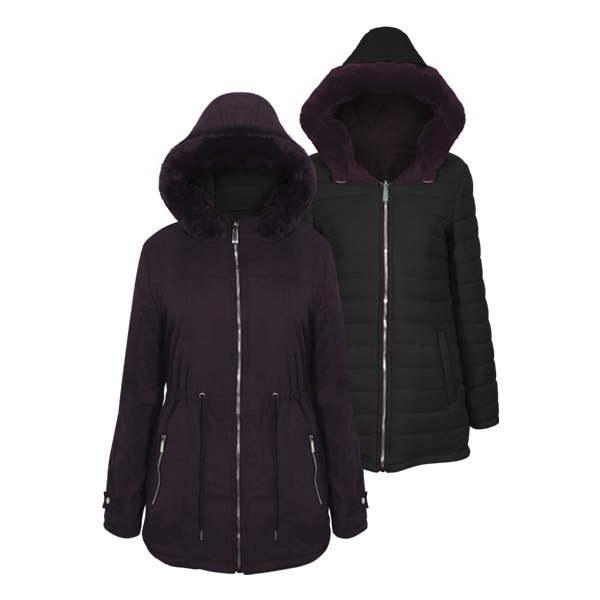 Chamarra para dama Modelo Brenda Doblie vista con gorro desmontable y larga 