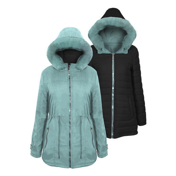 Chamarra para dama Modelo Brenda Doblie vista con gorro desmontable y larga 