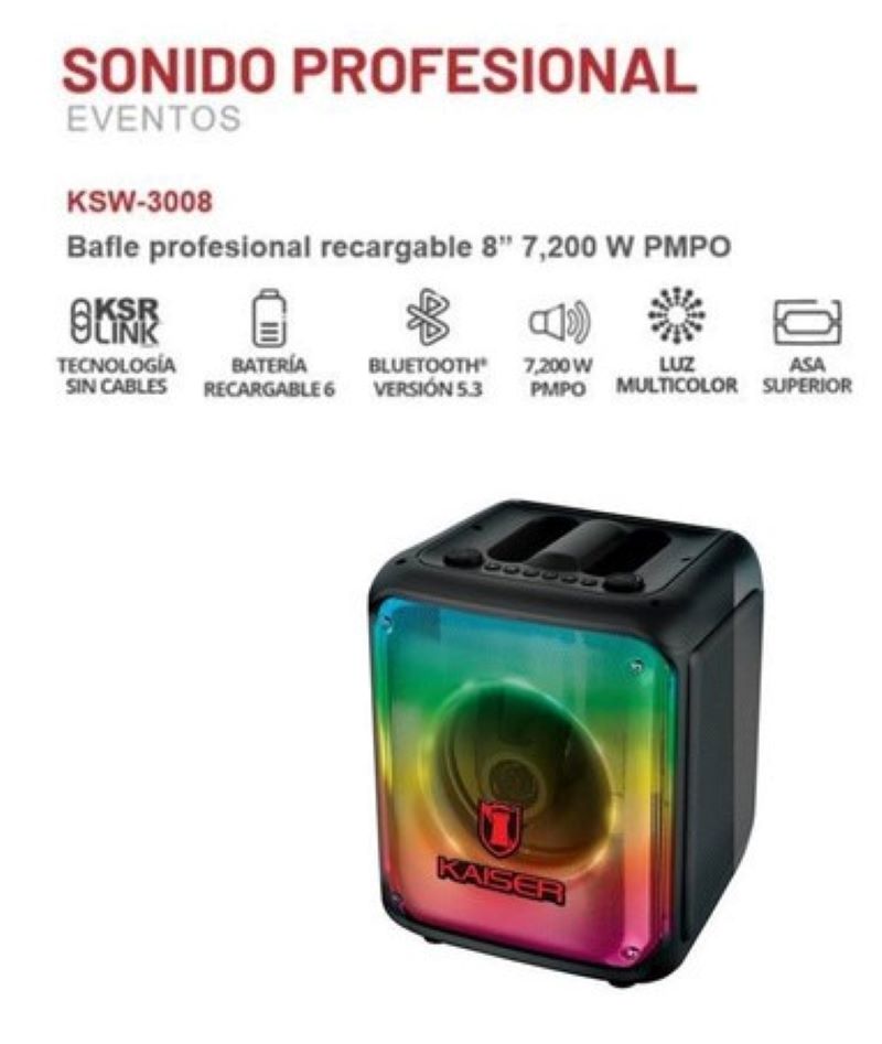 Bocina Portatil Kaiser KSW-3008 Conexión Bluetooth y Luz LED Flama