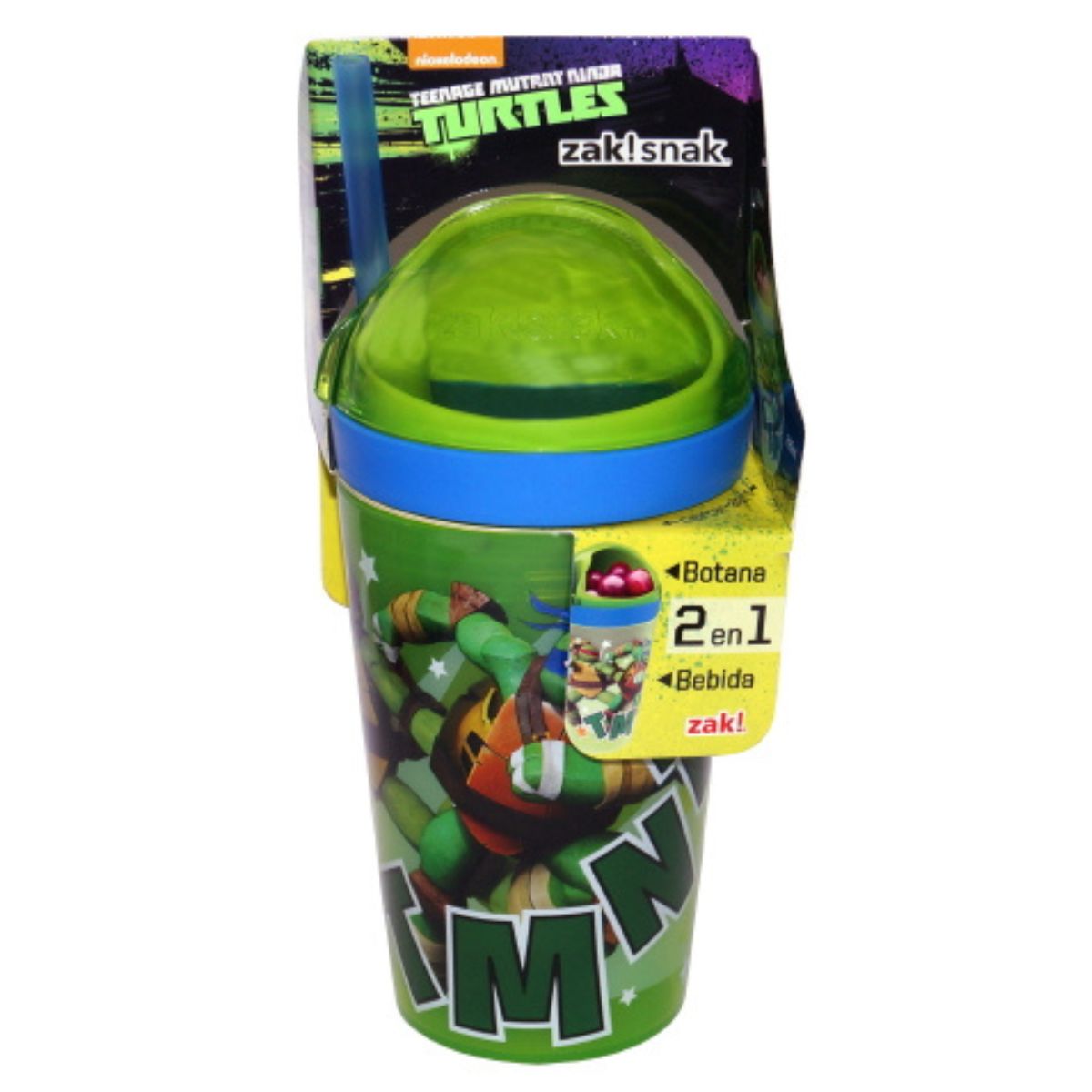 Zak! 1555-3023 Vaso Botella Botanero con Popote Plastico Nickelodeon Tortugas Ninjas Teen Turtle Ninjas 295ml
