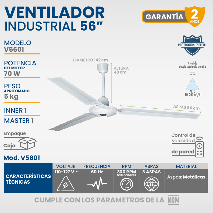 Ventilador de techo iGoto V5670-W blanco con 3 aspas, 56" de diámetro 110 V - 127 V