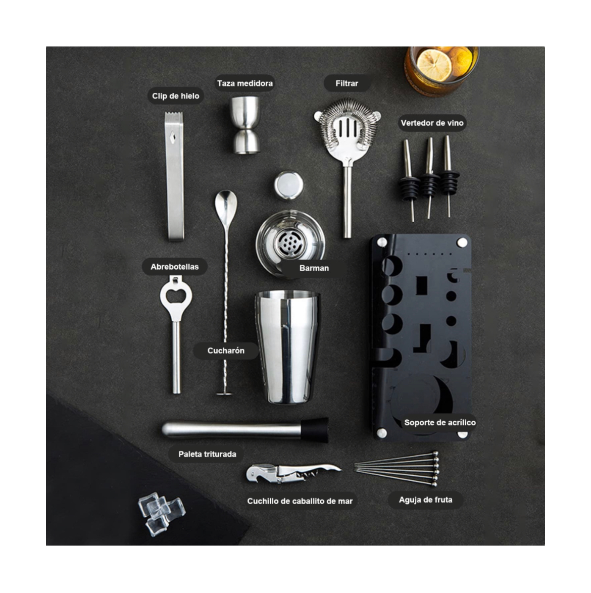 Kit De Barman Profesional Cocteleria Acero Inoxidable 17 Pza