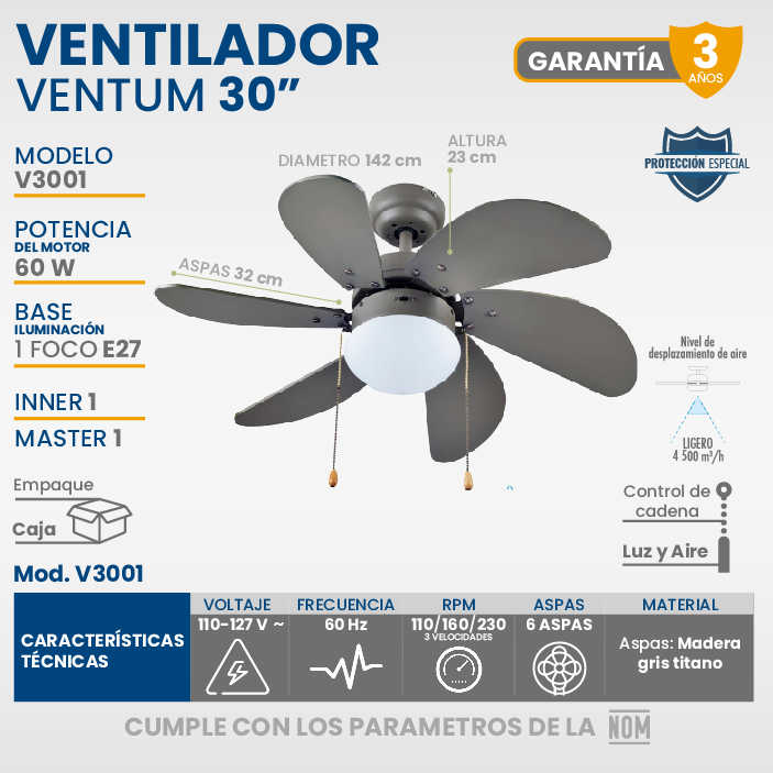 Ventilador Para Techo Igoto V3001 Gris De 3 Velocidades