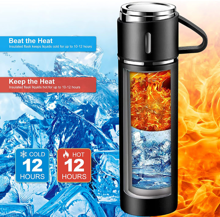 set termo acero inoxidable con 3 tazas conserva calor o frio hasta 12hr, regalo