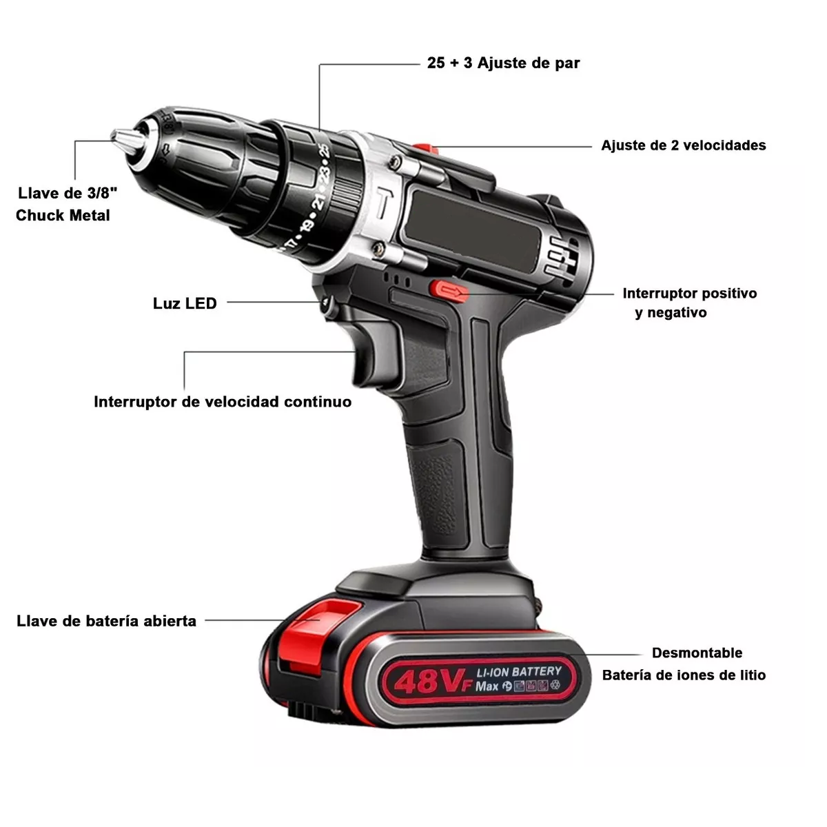Taladro Eléctrico Inalámbrico Impacto 48v 1200rpm Negro