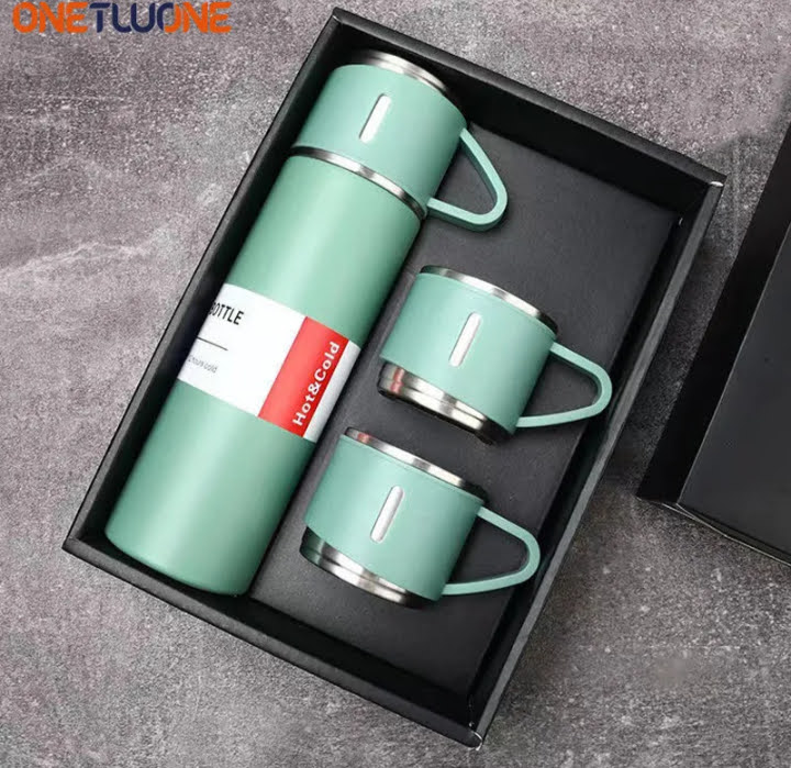 set termo acero inoxidable con 3 tazas conserva calor o frio hasta 12hr, regalo