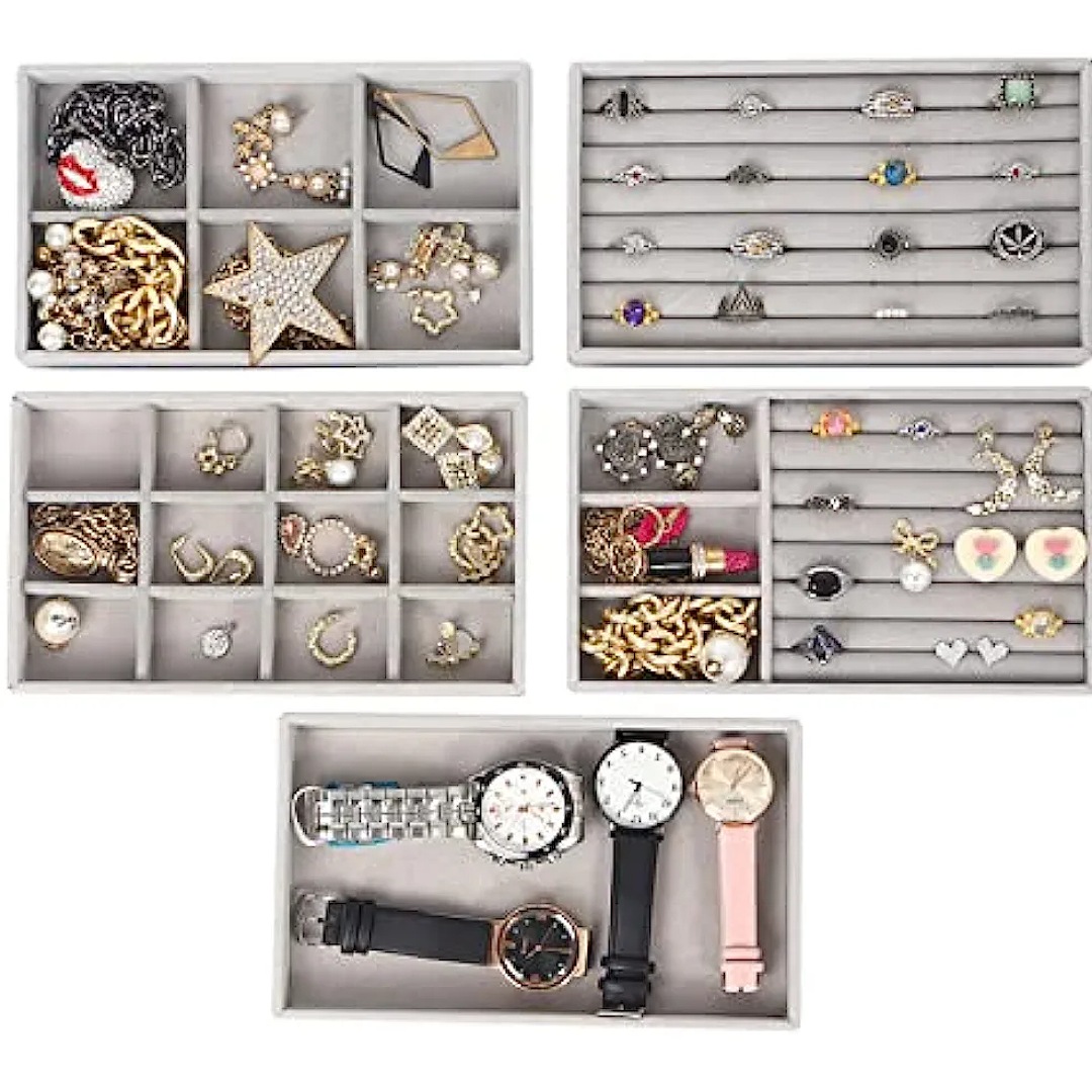 Cq - Organizador de joyas de acrílico con 5 cajones, joyero transparente, regalo para mujeres, hombres, niños y niñas, soporte apilable de terciopelo para aretes, anillos, pulseras, collares, gris