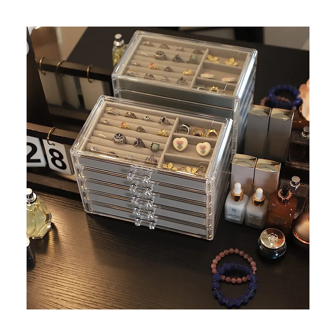 Cq - Organizador de joyas de acrílico con 5 cajones, joyero transparente, regalo para mujeres, hombres, niños y niñas, soporte apilable de terciopelo para aretes, anillos, pulseras, collares, gris