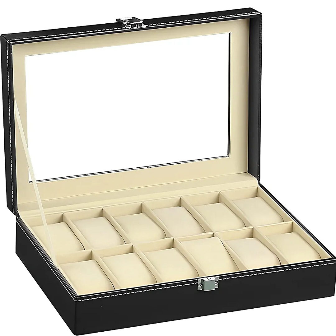 Raganet, Estuche Alhajero Organizador De Relojes Y Joyas Con 12 Espacios Para Reloj, Elegante Joyero y Porta Relojes de Cuero PU con Terciopelo y Tapa de Acrílico