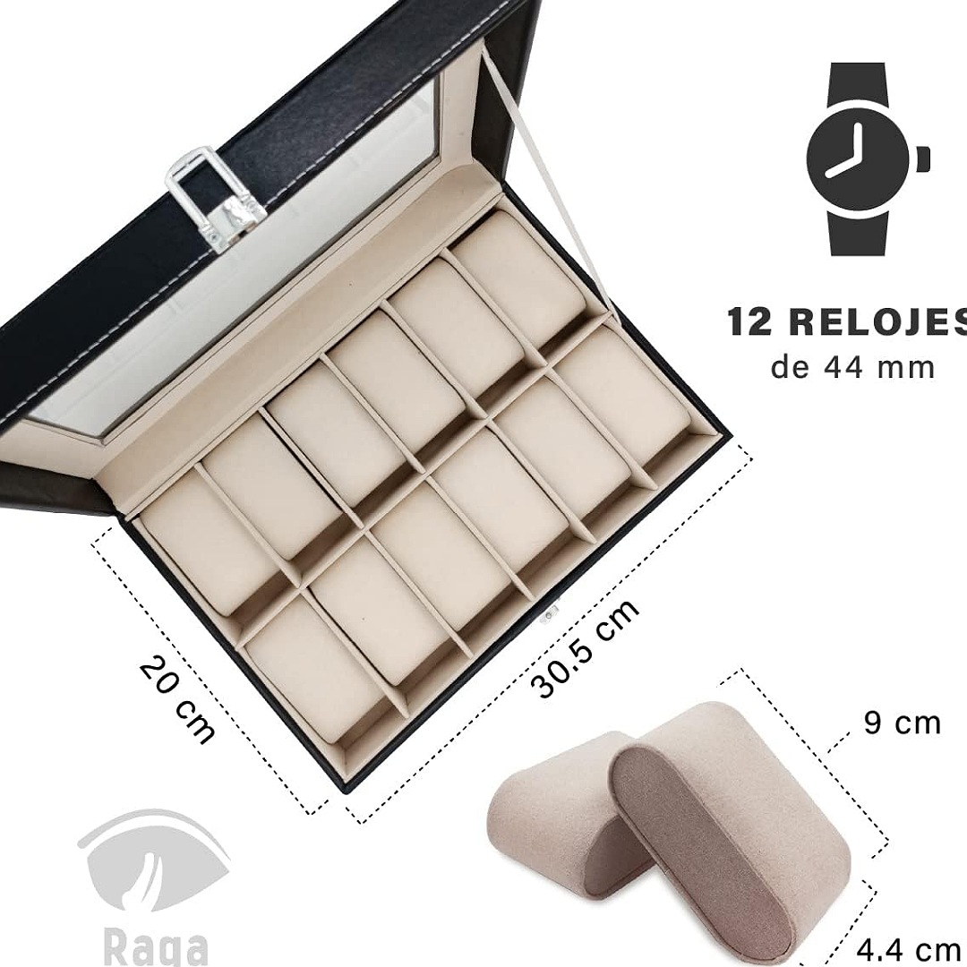 Raganet, Estuche Alhajero Organizador De Relojes Y Joyas Con 12 Espacios Para Reloj, Elegante Joyero y Porta Relojes de Cuero PU con Terciopelo y Tapa de Acrílico