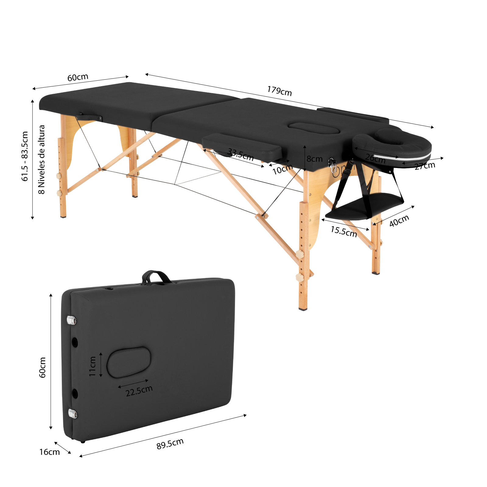 Cama de Masaje Onof  Portatil Reclinable con Cabecera y Portabrazos para Uso Profesional Fisioterapia SPA Tattoo o Facial