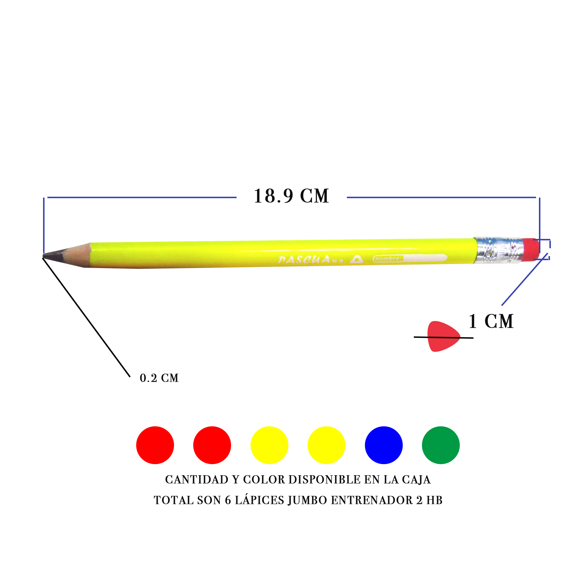 Lápices Jumbo Entrenador Triangulares 2HB, Caja de 6, Con Goma, Útiles Escolares Para Diestros y Zurdos