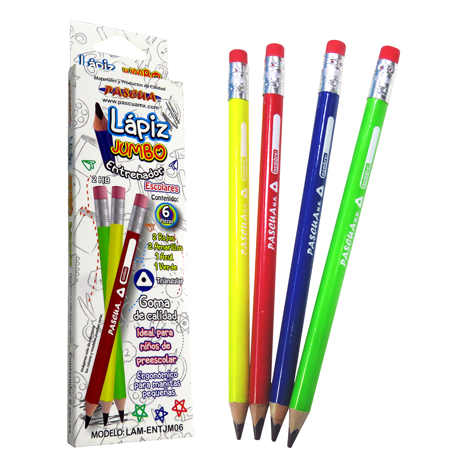 Lápices Jumbo Entrenador Triangulares 2HB, Caja de 6, Con Goma, Útiles Escolares Para Diestros y Zurdos