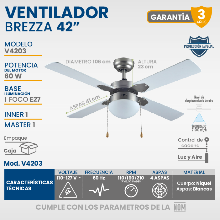 Ventilador De Techo Igoto V4203 Blanco Con 3 Velocidades.