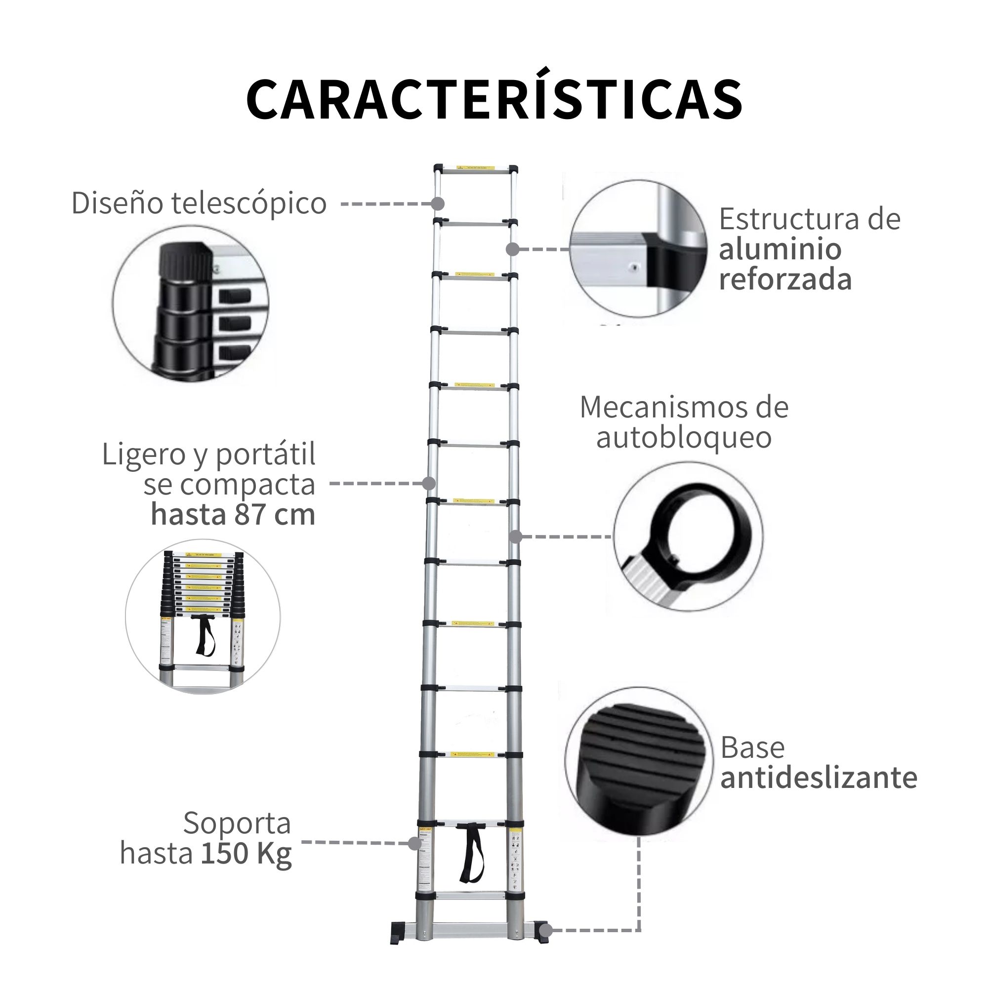 Escalera Telescopica Retractil Plegable Estabilizador 3.8m