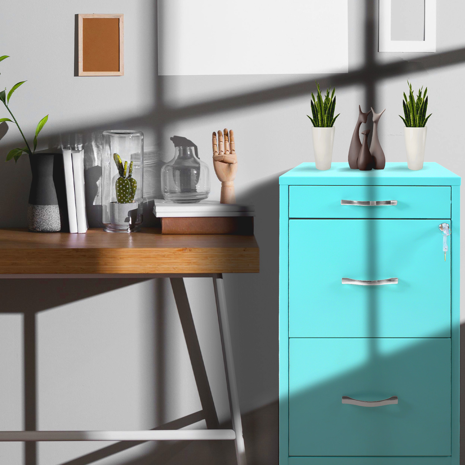 Archivero Metalico Con Ruedas 2 Gabinetes + 1 Cajon Papelero Verde