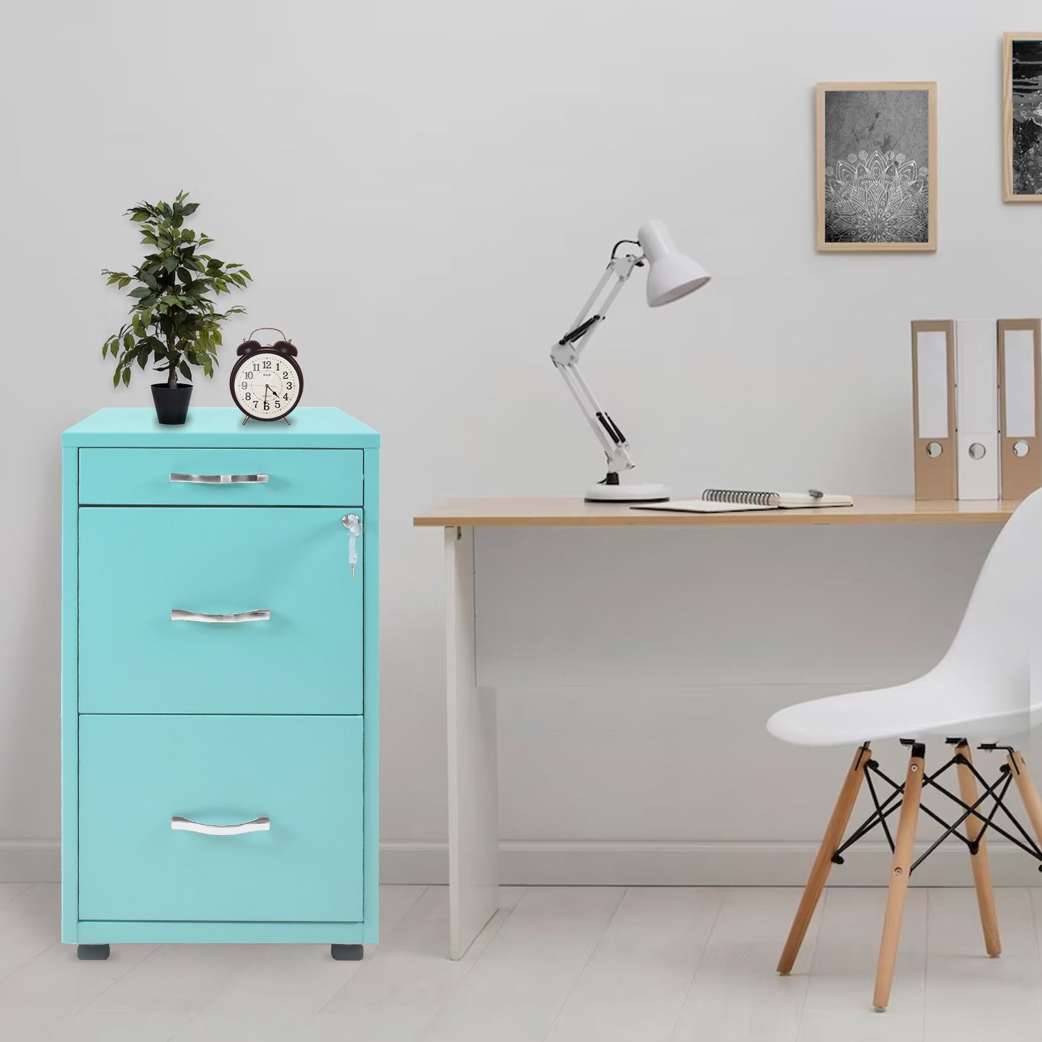 Archivero Metalico Con Ruedas 2 Gabinetes + 1 Cajon Papelero Verde