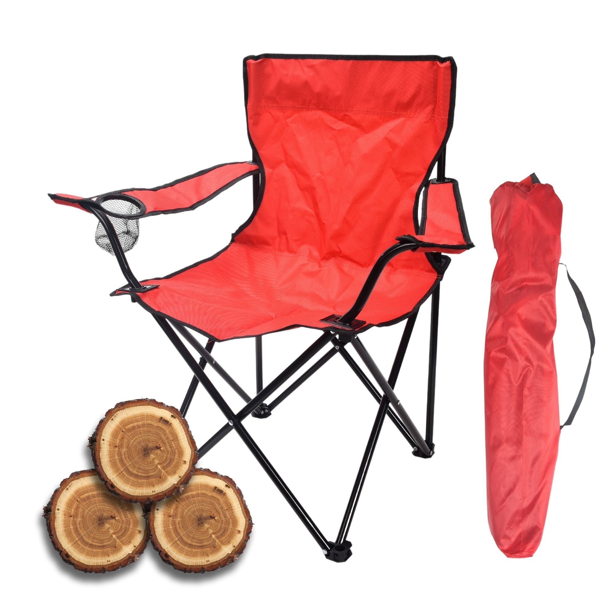 Tradineur - Silla de camping plegable con reposabrazos y portavasos, acero  y poliéster, incluye bolsa, máximo 90 kg, acampada, p