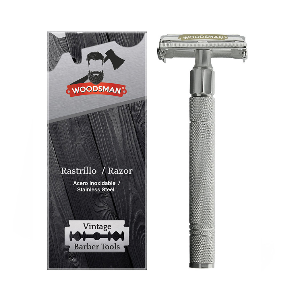 Woodsman Rastrillo de rasurar, Rastrillo de Seguridad Mariposa Woodsman de Acero Inoxidable para Navajas Desechables 