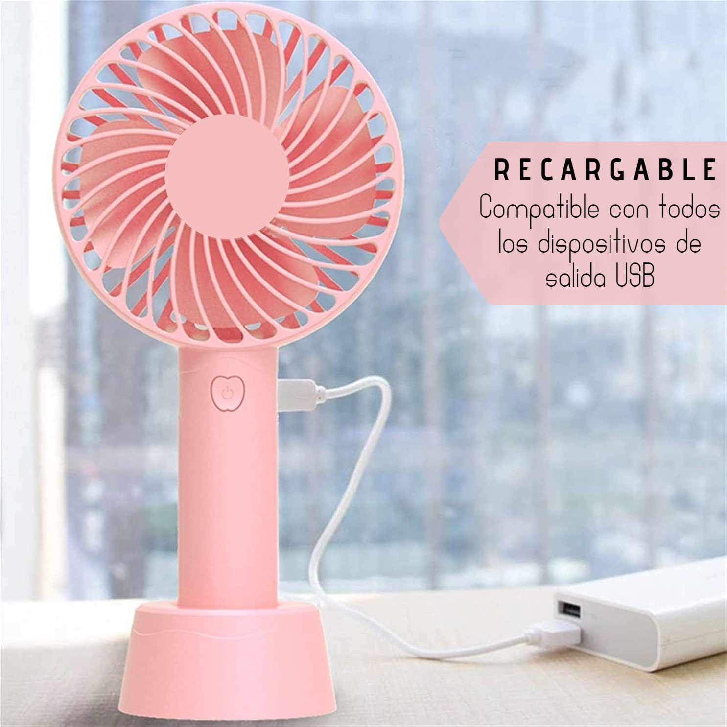 Mini Ventilador Portatil Pila Recargable USB Varios colores, ligero y practico Base Incluida 