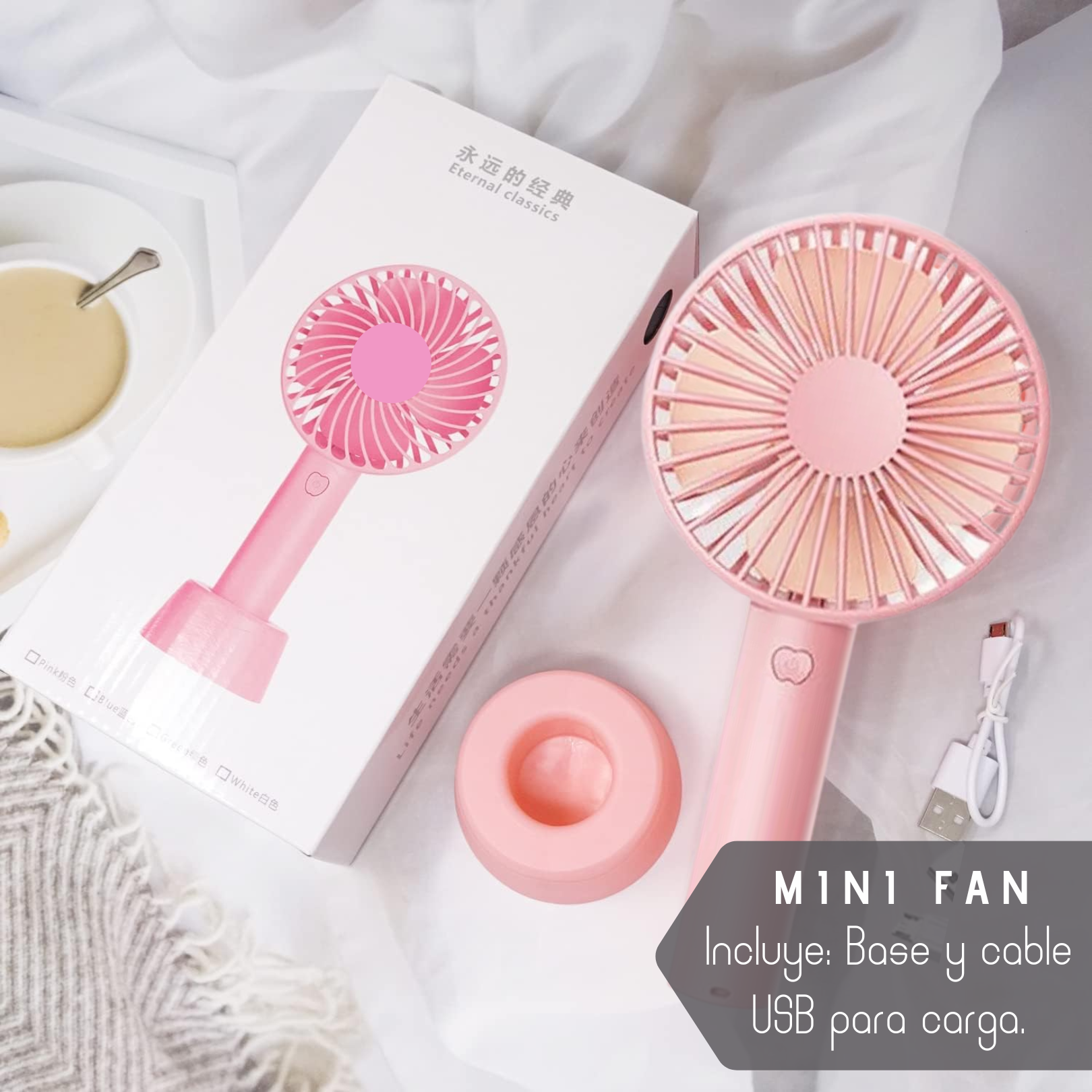 Mini Ventilador Portatil Pila Recargable USB Varios colores, ligero y practico Base Incluida 
