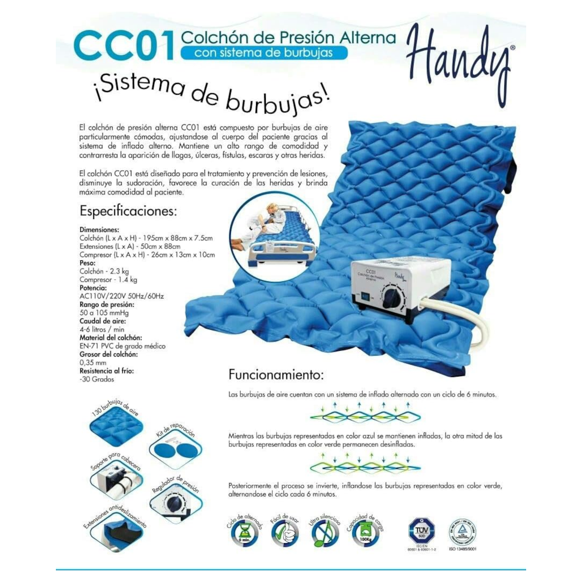 Colchón de Presión Alterna con Regulador Antiescaras Ulceras: Descanso Seguro y Cuidado Especializado en una Cama Individual.