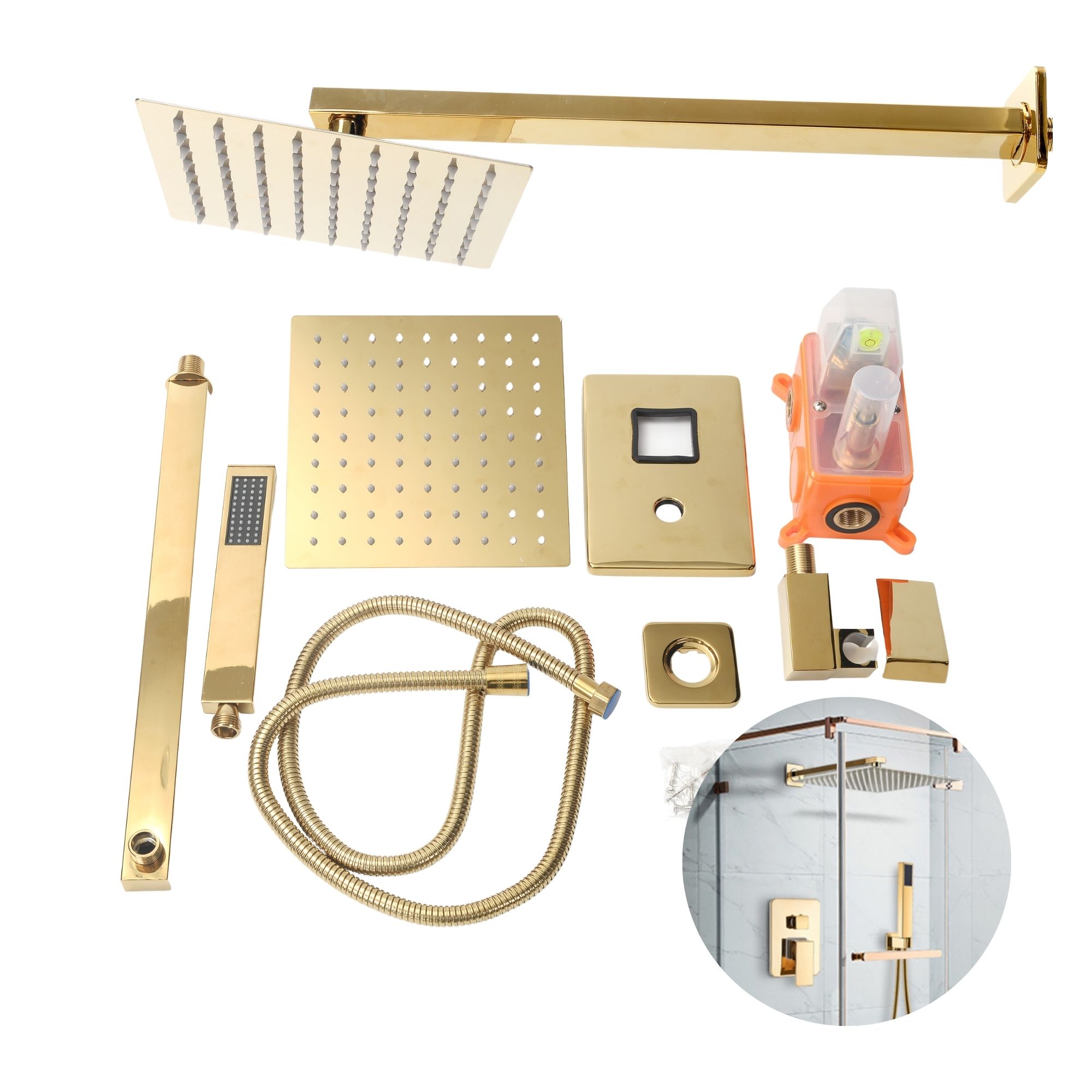 Regadera Cuadrada De Lujo Dorada Oro Kit Monomando Teléfono