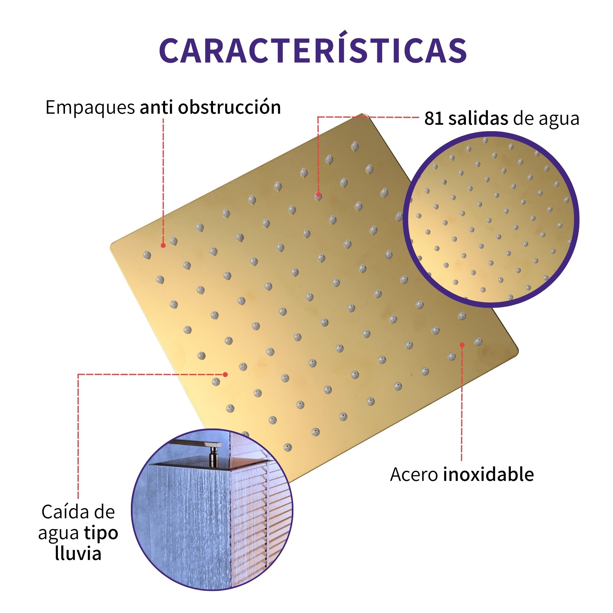 Regadera Cuadrada De Lujo Dorada Oro Kit Monomando Teléfono