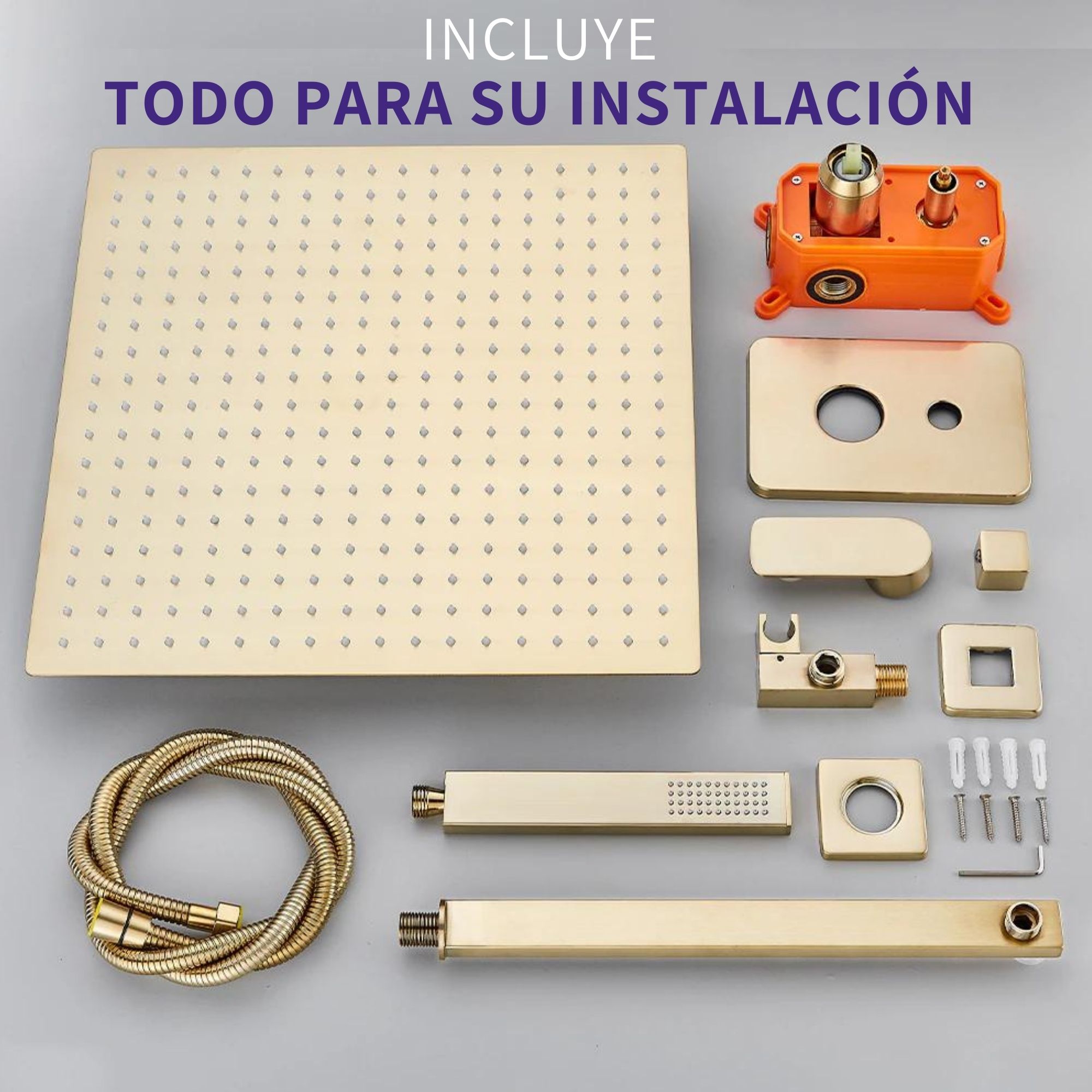 Regadera Cuadrada De Lujo Dorada Oro Kit Monomando Teléfono