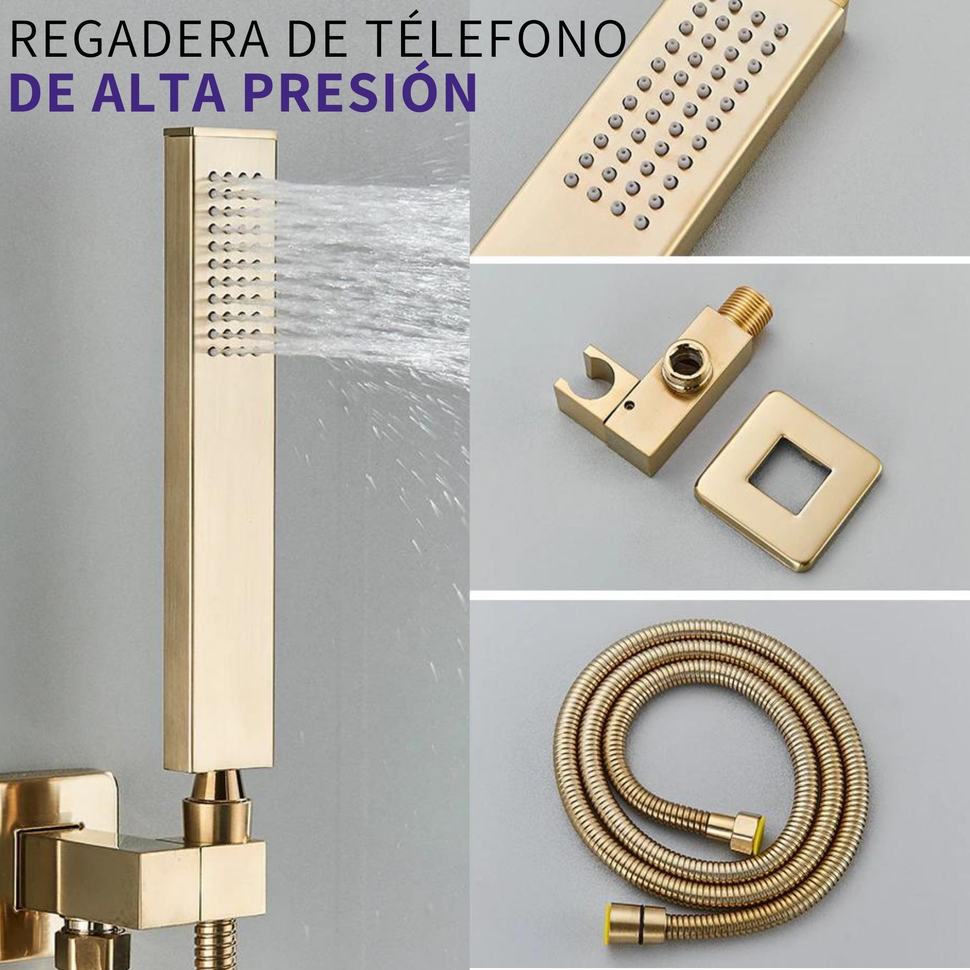 Regadera Cuadrada De Lujo Dorada Oro Kit Monomando Teléfono
