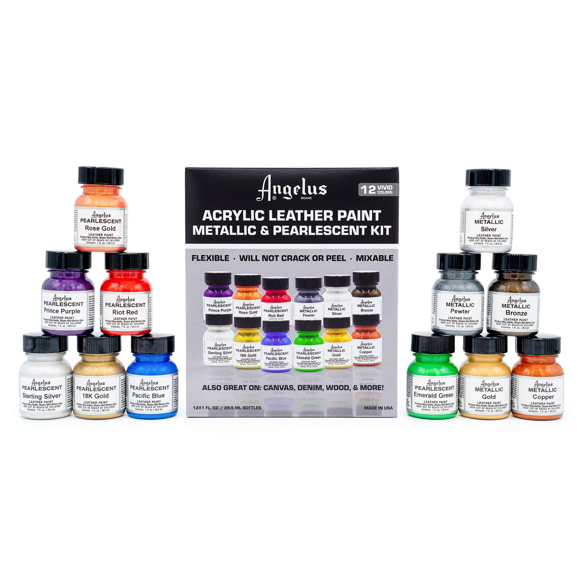 Kit De 12 Pinturas Acrilicas Colores Metalicos Angelus Brand