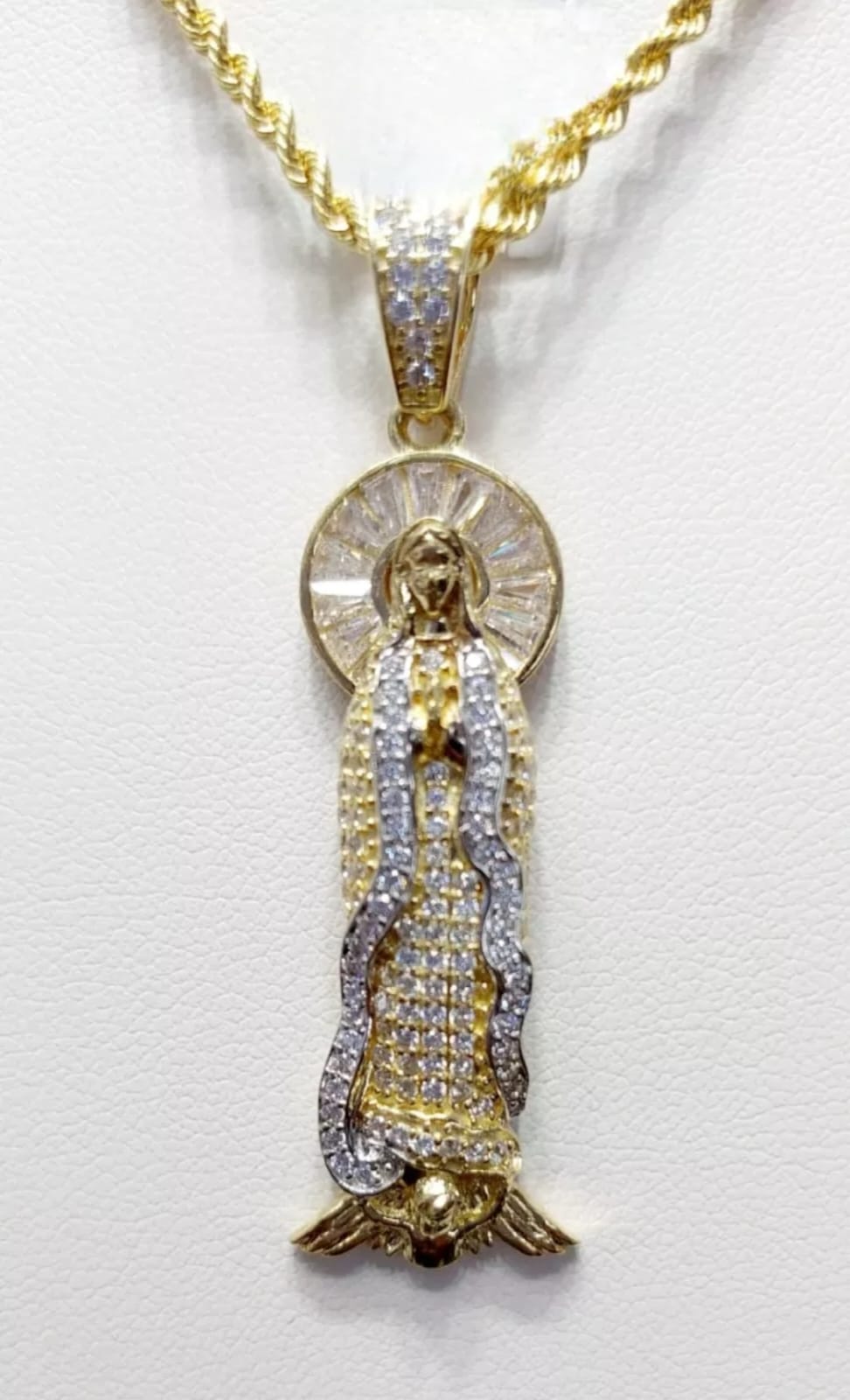 Kit Cadena Con Dije Guadalupe Zirconias Oro 10 K. + Obsequio