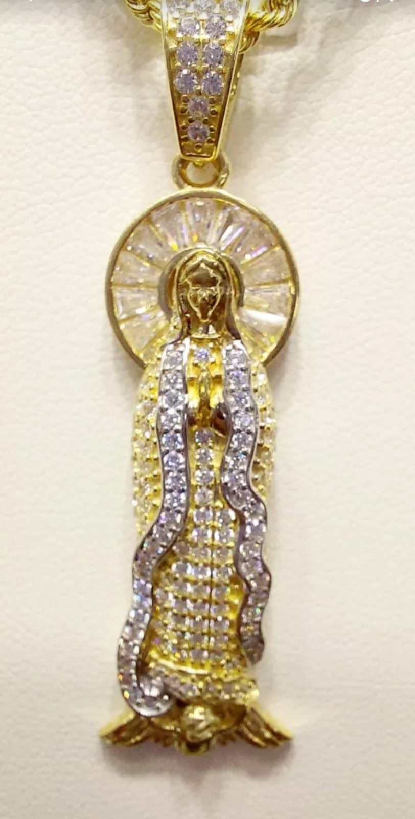 Kit Cadena Con Dije Guadalupe Zirconias Oro 10 K. + Obsequio