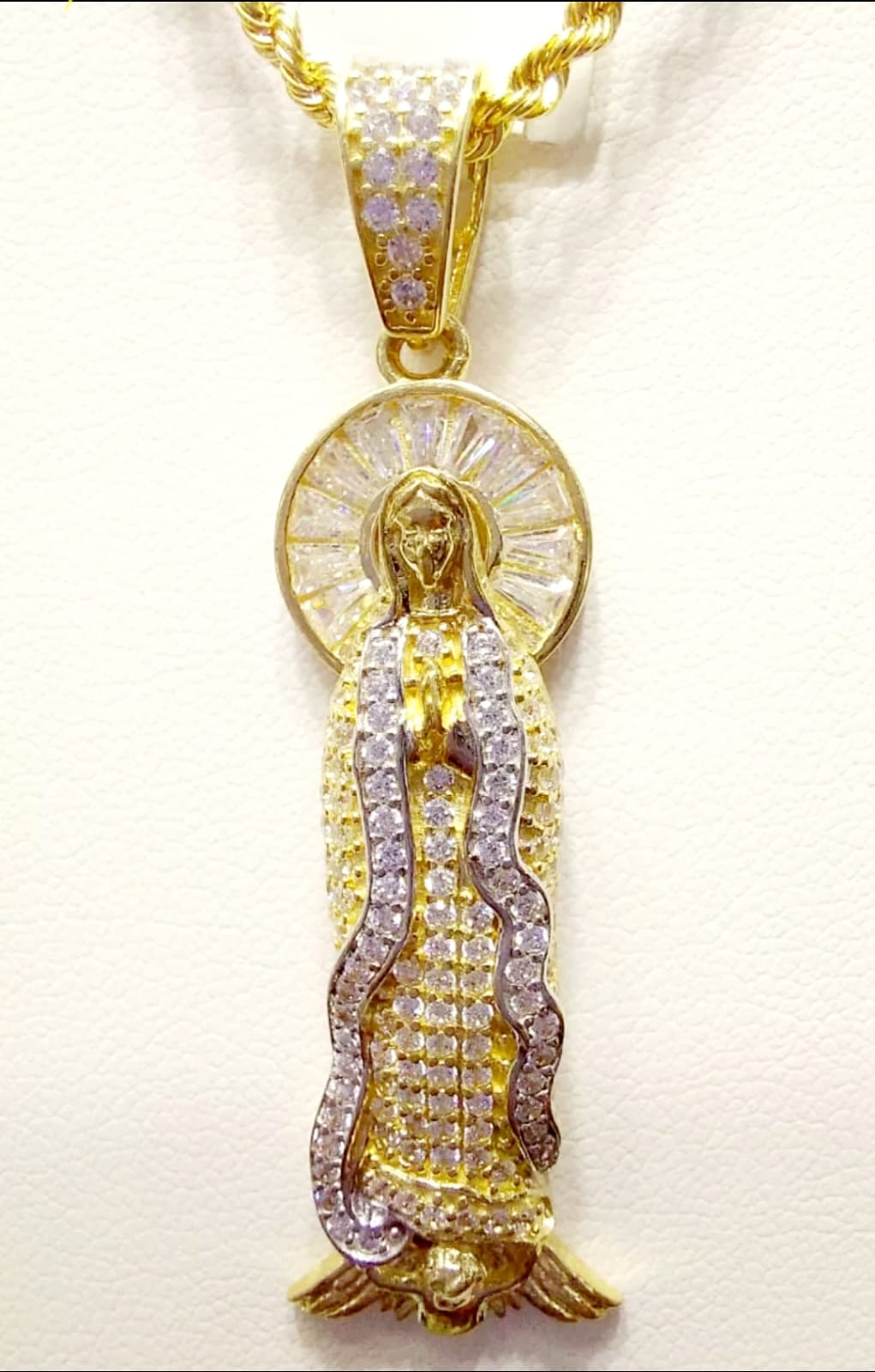 Kit Cadena Con Dije Guadalupe Zirconias Oro 10 K. + Obsequio