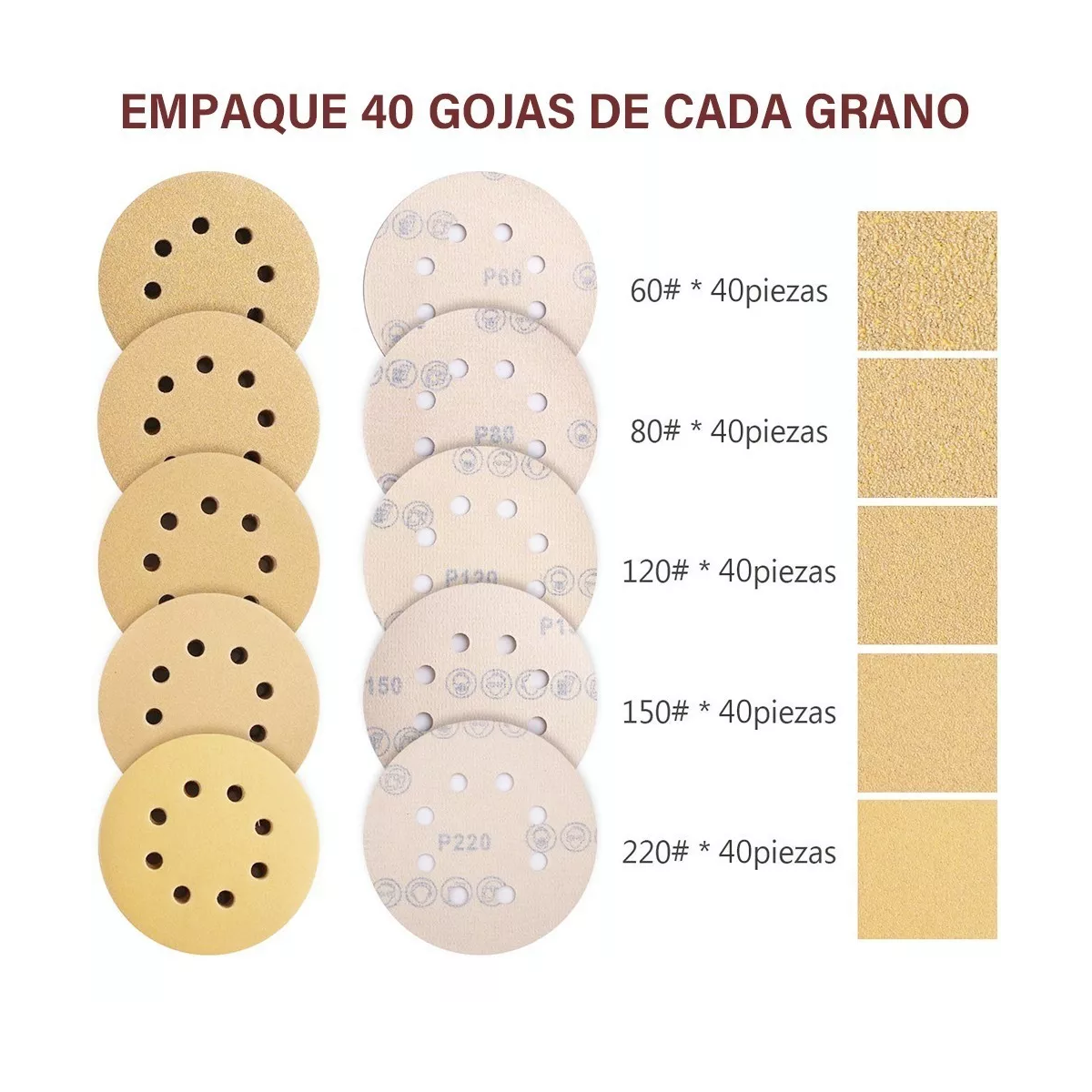 Juego 200 Piezas Discos De Lija Perforados De 5 Pulgadas 60-220