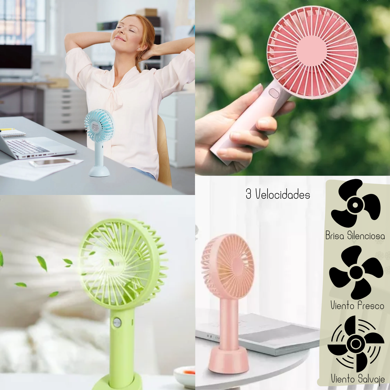 Mini Ventilador Portatil Pila Recargable USB Varios colores, ligero y practico Base Incluida 