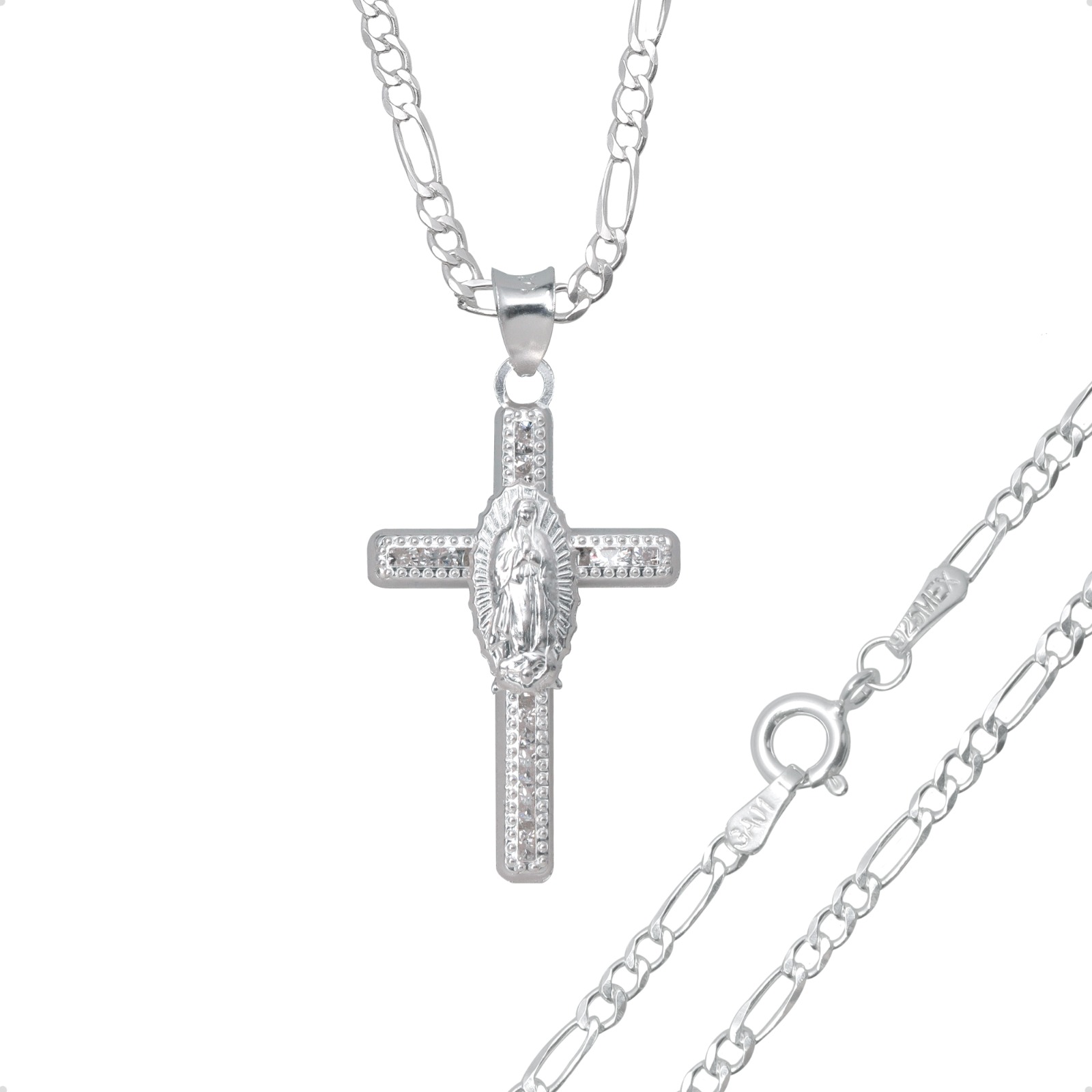 Cadena Con Dije Cruz Cristo Figaro Virgen 60cm Plata 925