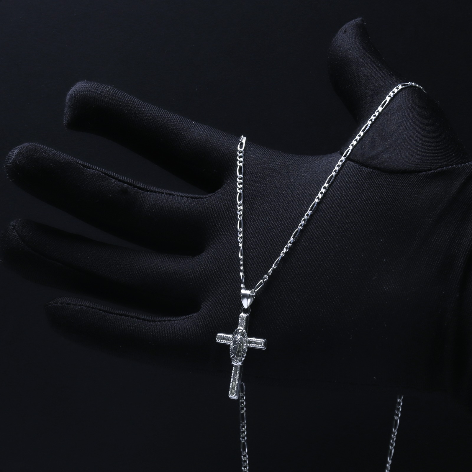 Cadena Con Dije Cruz Cristo Figaro Virgen 60cm Plata 925