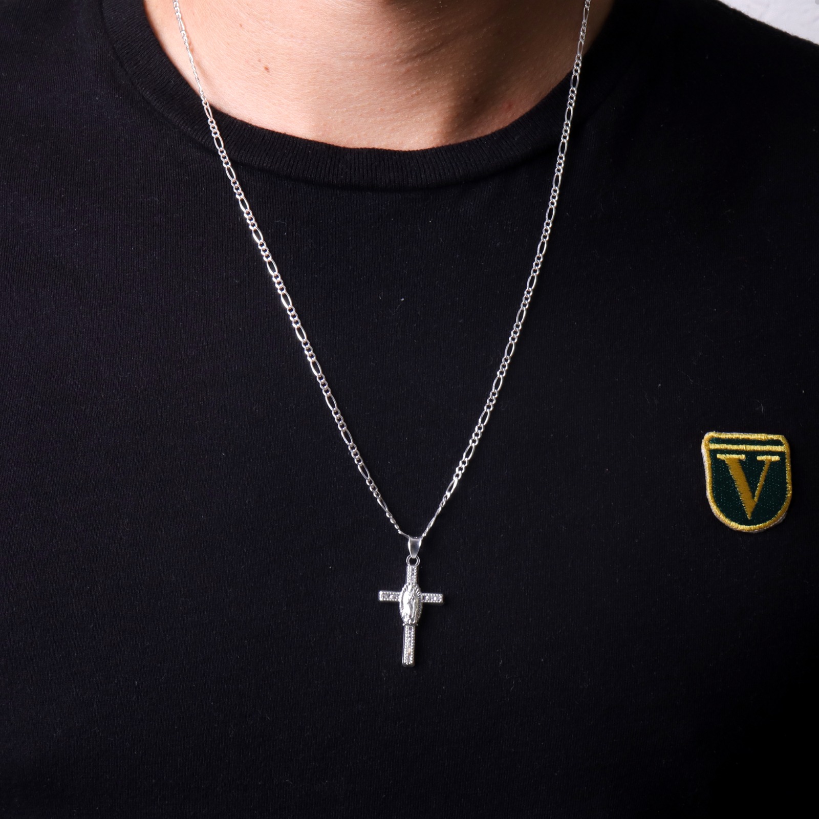 Cadena Con Dije Cruz Cristo Figaro Virgen 60cm Plata 925