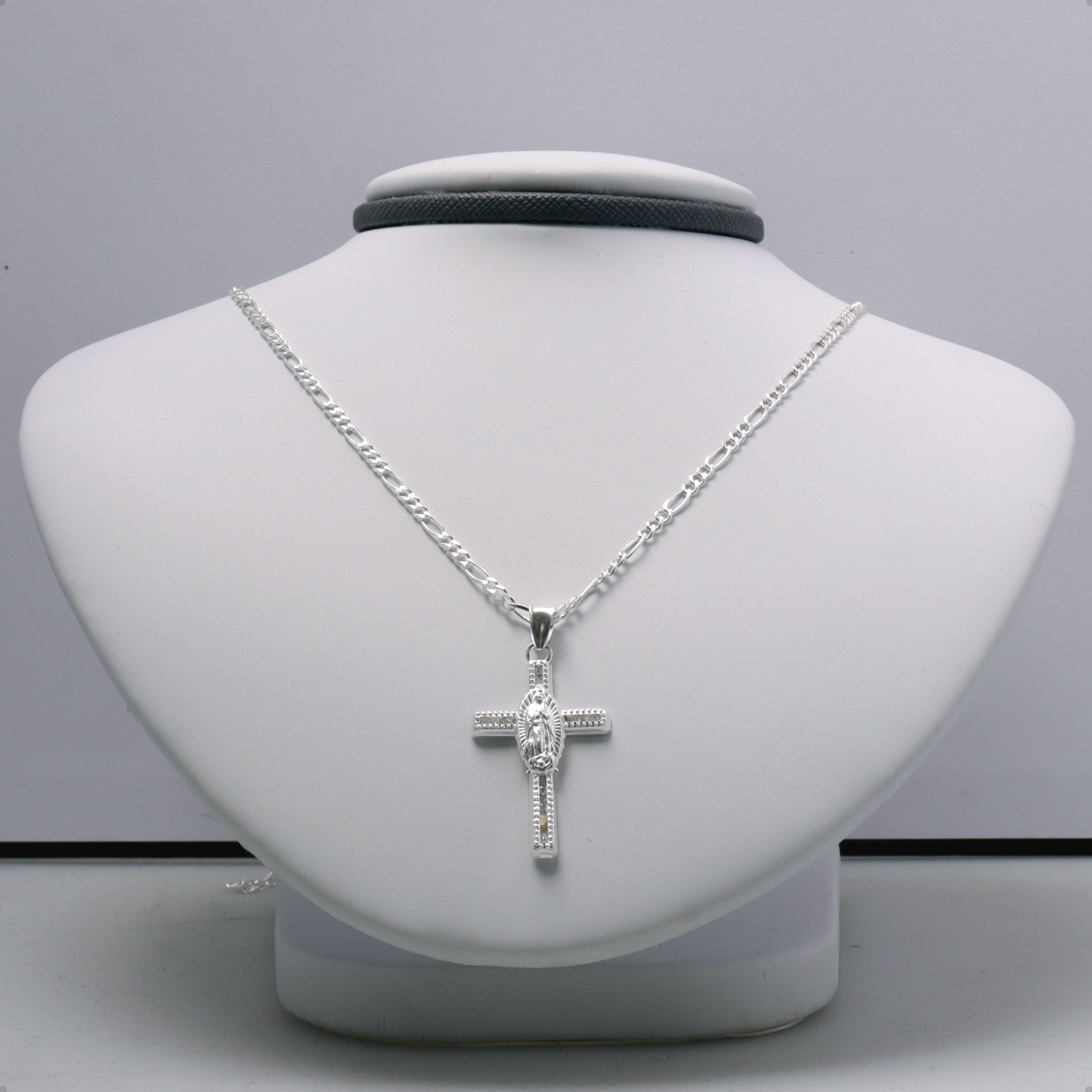 Cadena Con Dije Cruz Cristo Figaro Virgen 60cm Plata 925