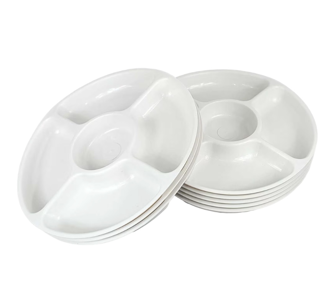 Platos Botaneros Dip Redondos de Plástico 5 Cavidades 15 Piezas