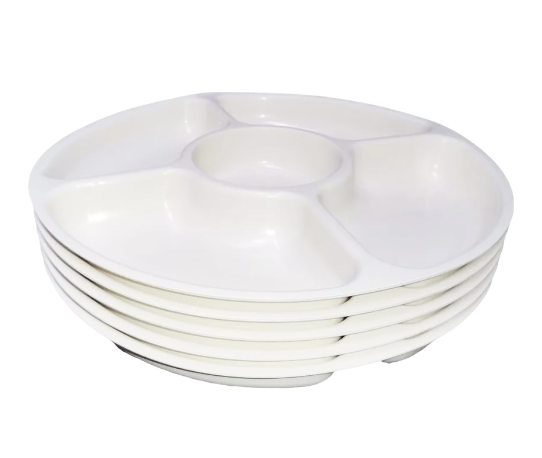 Platos Botaneros Dip Redondos de Plástico 5 Cavidades 15 Piezas