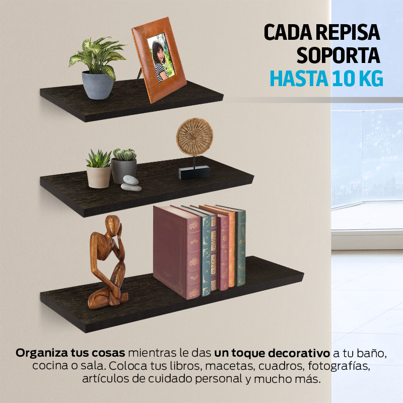 Set de Repisas Flotantes de Madera 3 Piezas de Diferente Tamaño 30-40-50cm