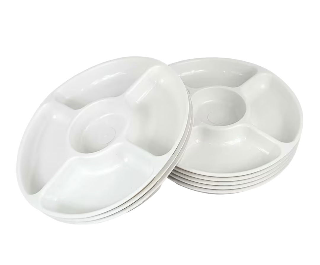 Platos Botaneros Dip Redondos de Plástico 5 Cavidades 10 Piezas