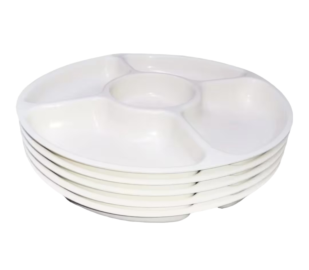 Platos Botaneros Dip Redondos de Plástico 5 Cavidades 10 Piezas