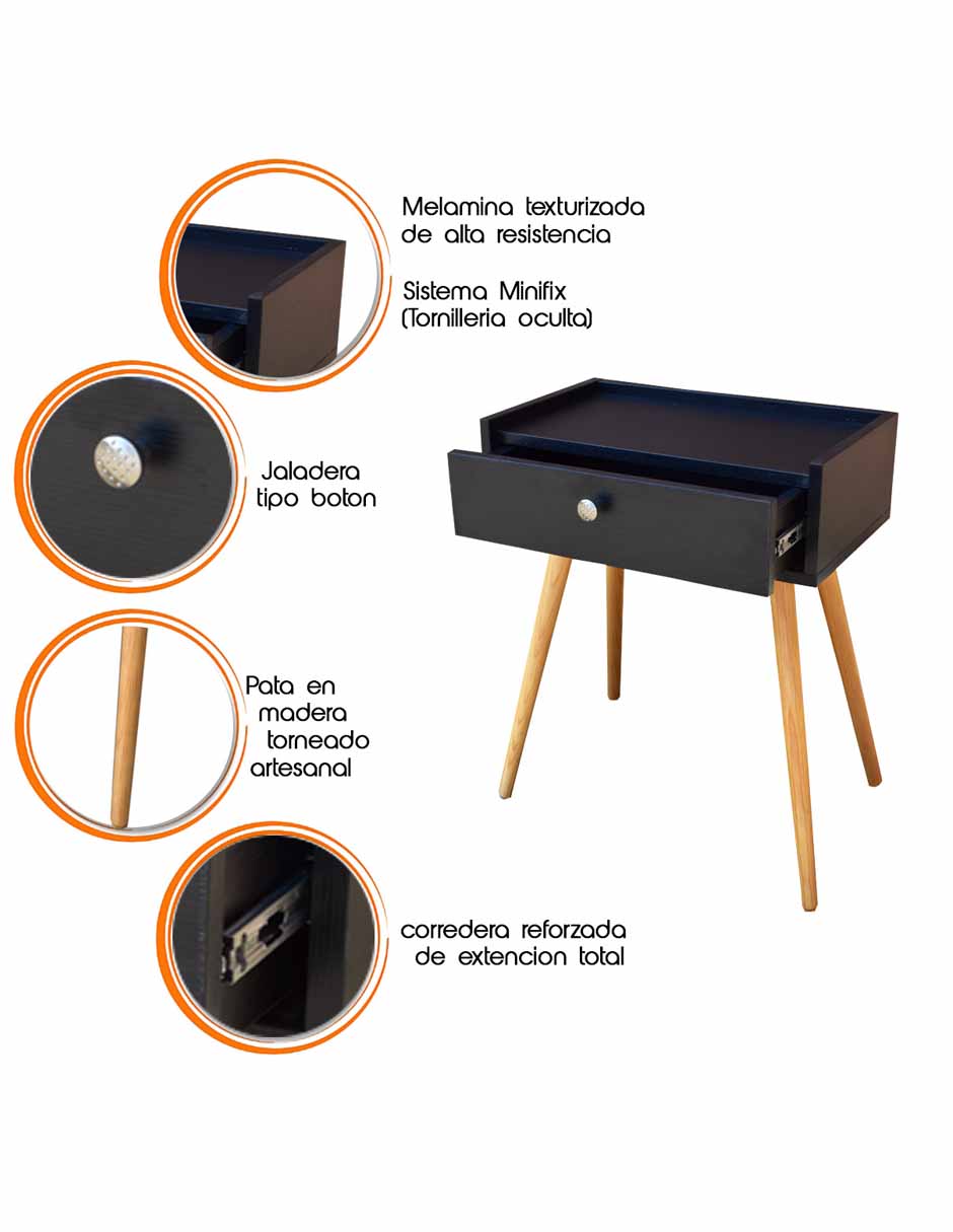 Juego de Buros Marsella o mesas de noche Hogare, Minimalistas, Fácil armado, Fabricado en melamina texturizada color Negro