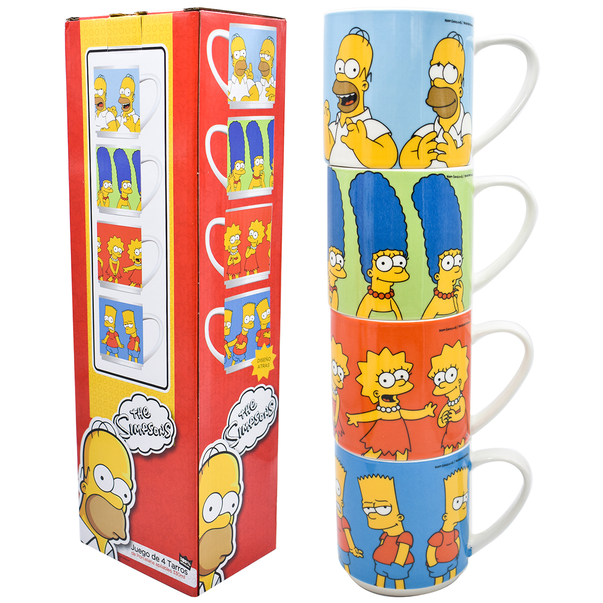 Fun Kids 1754-40 Set Juego de Tazas Apilables Porcelana Disney Los Simpson Homero Marge Bart Lisa 330ml 4 pzas