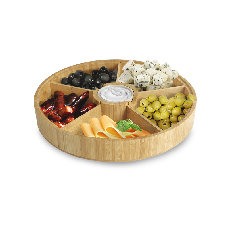 CASA LITUS Botanero Giratorio de Bambú con Salsero de Cerámica, Plato Botanero con 5 Divisiones para todo tipo de Botanas, Charola Lazy Susan, Bandeja Giratoria con Bowl para Dip, Centro Para Mesa