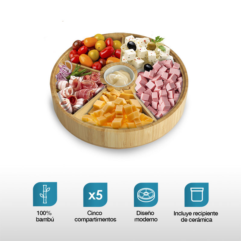 CASA LITUS Botanero Giratorio de Bambú con Salsero de Cerámica, Plato Botanero con 5 Divisiones para todo tipo de Botanas, Charola Lazy Susan, Bandeja Giratoria con Bowl para Dip, Centro Para Mesa