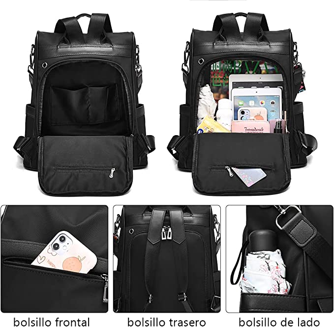 Mochila para mujer bolso de hombro casual bolso de moda impermeable antirrobo, Mochila Negra.